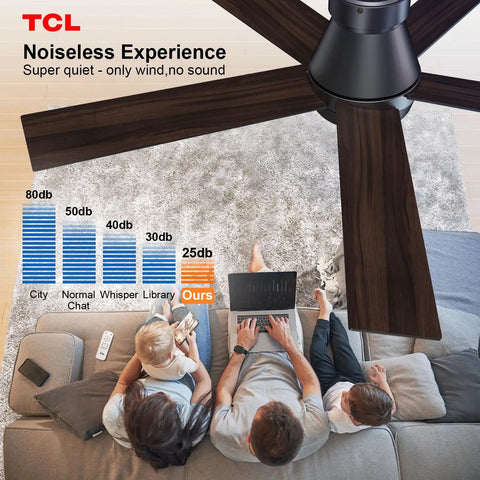 52 Inch Ceiling Fan With Lights Black Flush Mount Remote Control over living room depicting noise levels comparison chart and usage scene.