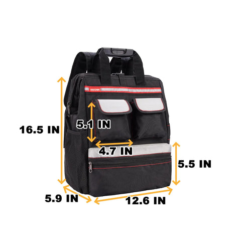 Black worksite ready tools backpack with dimensions, featuring padded back support, various pockets, suitable for electricians and techs.