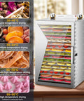 Backyard BBQ Pro Style Electric Food Dehydrator With 18 Spacious Stainless Trays and a Foolproof 24 Hour Timer, showcasing drying trays with fruits and vegetables.