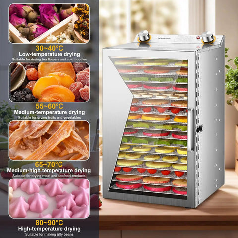 Backyard BBQ Pro Style Electric Food Dehydrator With 18 Spacious Stainless Trays and a Foolproof 24 Hour Timer, showcasing drying trays with fruits and vegetables.