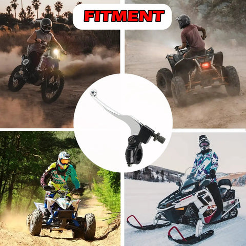 Seven Eighths Inch Folding Left Clutch Lever For Dirt Bikes Universal Handlebar Fit Works With XR80 XR100 XR200 SSR 125cc Coolster Roketa Baja Pit Bikes And More Silver displayed with motorbikes and ATV images