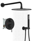 10 Inch Matte Black Round Rain Shower Set With Wall Mounted Rainfall Head And Handle Trim Kit, 2-Function Shower Fixtures