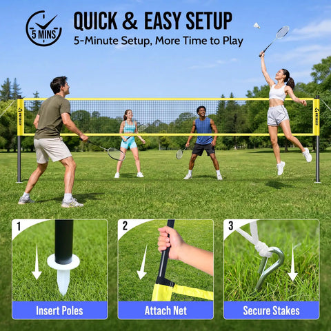 Backyard Badminton Set With Pro Grade Net, 4 Rackets, Shuttlecocks And Carrying Bag In Yellow For Durable Outdoor Play setup demonstration