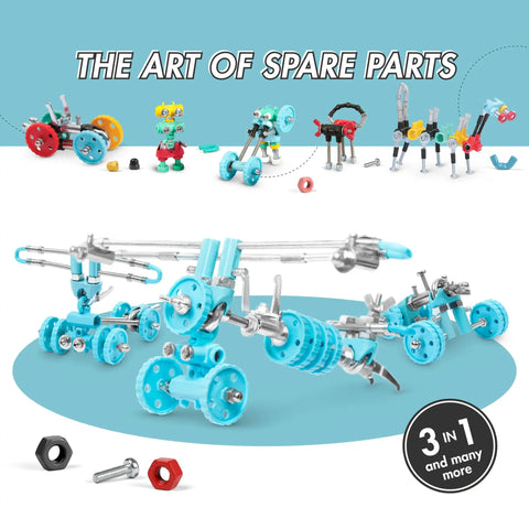 AirBit Build Your Own Airplane STEM Kit For Creative Kids And Curious Adults showcasing blue and silver parts for assembly