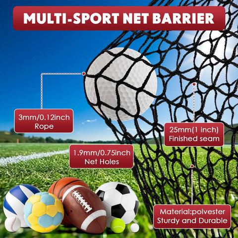 Close-up of 10 Foot Golf Hitting Net Set with carabiners and tie rope, multi-sport backstop details including net holes and materials.