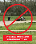 Basketball hoop fallen over without anchor, red circle with line through it, caption 'PREVENT THIS FROM HAPPENING TO YOU'"