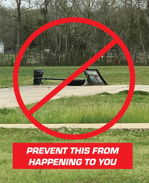 Basketball hoop fallen over without anchor, red circle with line through it, caption 'PREVENT THIS FROM HAPPENING TO YOU'"