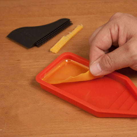 Complete Silicone Glue Kit For Woodworking And Crafts, Glue Up Toolkit with red tray, includes comb squeegee and brushes.