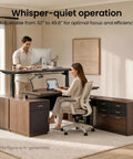 Fly Setup L Shaped Electric Standing Desk With Drawers And USB Charging Ports Dead Quiet Programmable Memory Height Adjustable Executive Workstation Built Tough For Smooth Posture Switches in modern home office.