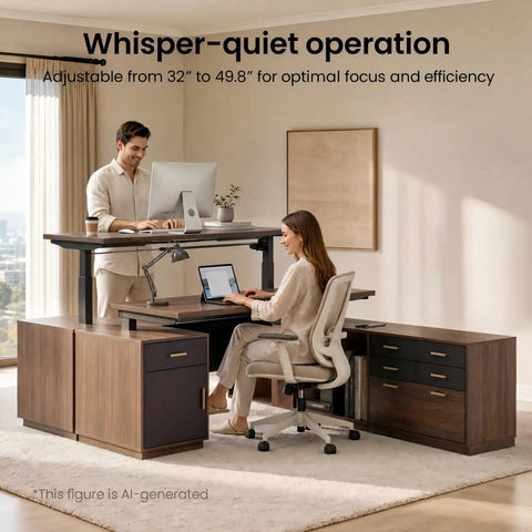 Fly Setup L Shaped Electric Standing Desk With Drawers And USB Charging Ports Dead Quiet Programmable Memory Height Adjustable Executive Workstation Built Tough For Smooth Posture Switches in modern home office.