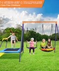 Children playing on backyard swing set with trampoline, heavy duty A-frame, 440 lb capacity, includes saucer and belt swings
