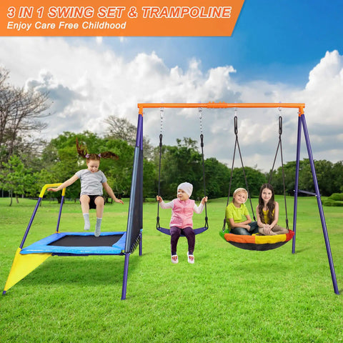 Children playing on backyard swing set with trampoline, heavy duty A-frame, 440 lb capacity, includes saucer and belt swings