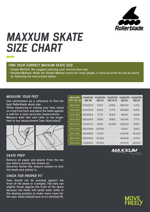 Maxxum XT W Women's Inline Skates skate size chart guide with measurements and fitting instructions.
