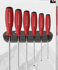 Six Piece Slotted Screwdriver Set With SwissGrip For Home And Pro Use Built To Last, includes wall mount display.