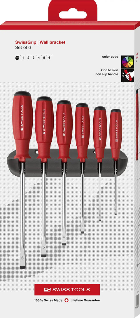 Six Piece Slotted Screwdriver Set With SwissGrip For Home And Pro Use Built To Last, includes wall mount display.