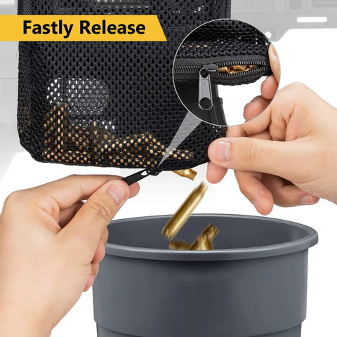 Heat Resistant Brass Shell Catcher With Thick Nylon Shell Zipper Bottom Brass Collector Two Picatinny Rail Mounts Easy On Off AR Style Range Accessory Durable Range Gear In Black And Green Finish mesh bag emptying brass casings into a bin