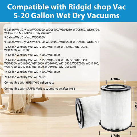 VF4000 Replacement Filter Two Pack For 5 To 20 Gallon Wet Dry Vacs Compatible With Husky 6 To 9 Gallon Units And Craftsman Vacs Made After 1988 Heavy Duty Filtration Easy Install Long Lasting Replacement, shown with diagram and compatibility list on a wooden surface