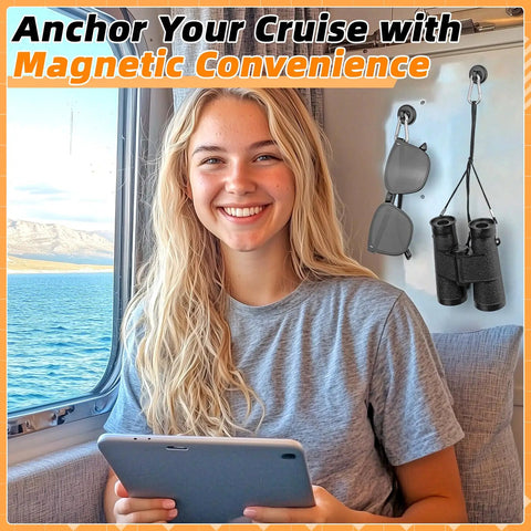 Smiling woman holding tablet near ocean, showcasing Ridiculously Strong Heavy Duty Neodymium Magnetic Hooks 20 Pack 70 Pound Capacity for storage.