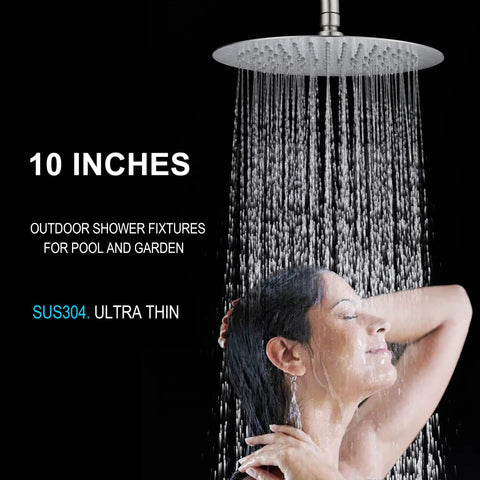 304 Stainless Outdoor Shower Kit In Brushed Nickel, High Pressure Shower System With Overhead Rainfall Shower, woman under water