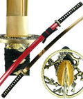 Hand Forged 1045 High Carbon Steel Samurai Katana With Gold Plated Blade Choose Flower Tsuba Or Golden Tsuba Yellow Orange High Gloss Saya