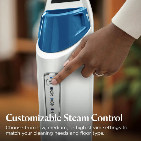 Heavy Duty Steam Mop With 12 Inch Sweeping Path For Hardwood And Tile Floors Featuring Built In Scrubber And Variable Steam Controls being adjusted.