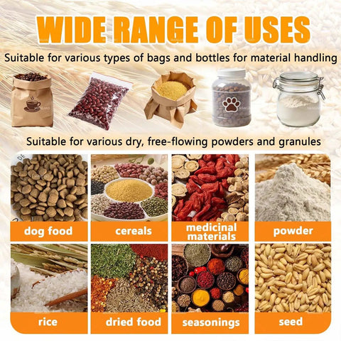 Automatic Powder Filling Machine With Dual Control System And Plug And Play Setup No Sweat Operation Sweet Spot Accuracy image showing various dry goods like seeds, rice, and spices.