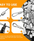 100 Pack Aluminum Hourglass Crimping Loop Sleeves For 3/32 Inch Wire Rope Mechanical Cable Fittings displayed with installation guide.