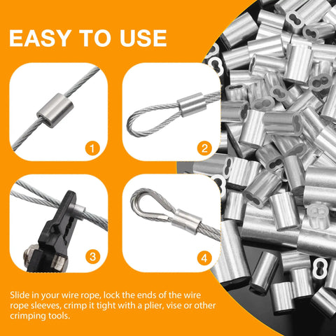 100 Pack Aluminum Hourglass Crimping Loop Sleeves For 3/32 Inch Wire Rope Mechanical Cable Fittings displayed with installation guide.