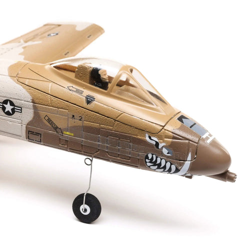 UMX A 10 Thunderbolt II RC Airplane with carbon fiber reinforced fuselage visible, close-up of nose and landing gear detail.