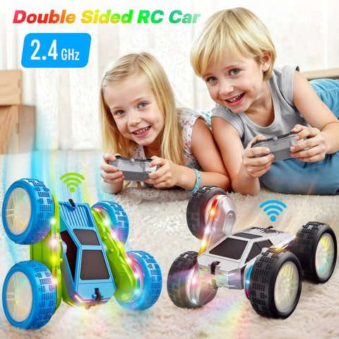 Children playing with Epic 360 Degree Flip RC Car All Terrain 4WD Stunt Toy featuring LED lights and remote controllers