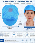 Five Pack Blue Anti Static Caps Featuring Breathable Mesh Panels And Reliable Dust Blocking Defense For Cleanrooms Laboratories And Industrial Shop Grind Heavy Duty Headwear Engineered To Keep You Cool And Confident On The Daily, showing a blue cap with mesh top and dimensions.