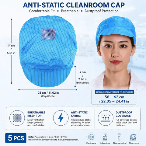 Five Pack Blue Anti Static Caps Featuring Breathable Mesh Panels And Reliable Dust Blocking Defense For Cleanrooms Laboratories And Industrial Shop Grind Heavy Duty Headwear Engineered To Keep You Cool And Confident On The Daily, showing a blue cap with mesh top and dimensions.