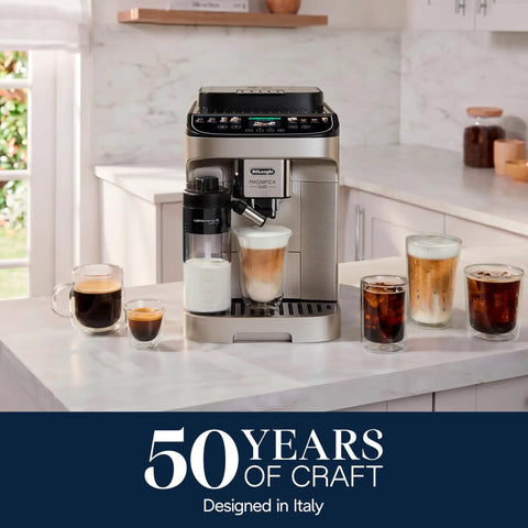 Straight Up Premium Automatic Espresso Machine With Integrated Milk Frother with coffees and milk on counter in kitchen.