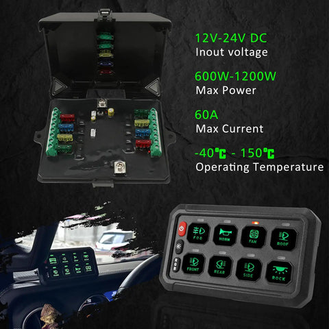 8 Gang Switch Panel With Wireless Remote And RGB Backlit Multifunction Toggle displayed with control box and remote