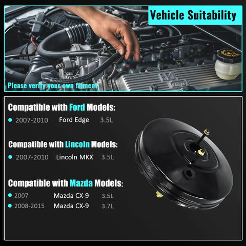 Heavy Duty Vacuum Power Brake Booster Fits Ford Edge Lincoln Mkx And Mazda Cx 9 2007 To 2015 showing compatibility with car models.