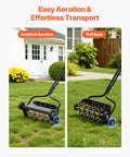 18 Inch Manual Push Spike Aerator With Four Wheels For Lawn Health shown in assisted aeration and pull back modes on grass