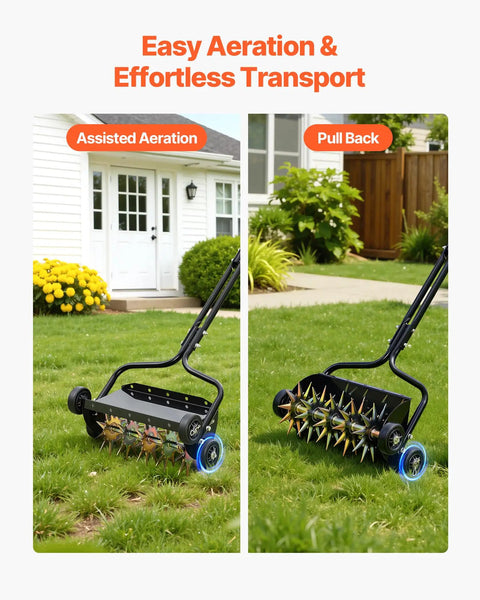 18 Inch Manual Push Spike Aerator With Four Wheels For Lawn Health shown in assisted aeration and pull back modes on grass