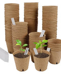 Stacks of Breathable Paper Pulp Nursery Pots For Seedlings With Drainage Root Friendly Germination Containers, labels included