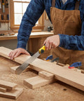 Person using Miter Box And Saw Kit With 12 Inch Japanese Saw Fine And Coarse Cutters Handle And Screw for wood cutting