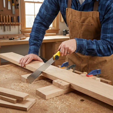 Person using Miter Box And Saw Kit With 12 Inch Japanese Saw Fine And Coarse Cutters Handle And Screw for wood cutting