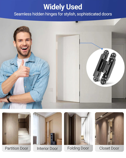 6 Inch Invisible Door Hinges For Doors 3D Adjustable 180 Degree Swing Heavy Duty Concealed Zinc Alloy 88 Lbs Load Capacity