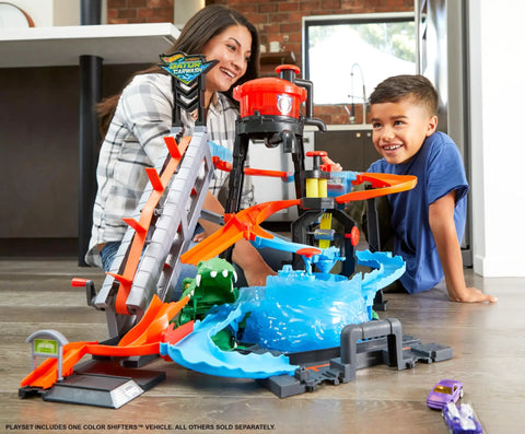 Kids playing with City Car Wash Play Set With Giant Gator Color Change Fun Elevator Lift And Rolling Brush Track For Kids To Wash Cars And Build Imaginative Adventures Today