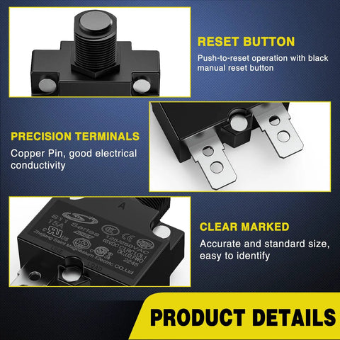 Close-up of 5 Pack 15 Amp Thermal Circuit Breaker with Easy Reset Switch for 125 Volt AC and 65 Volt DC Systems, showing reset button and precision terminals.