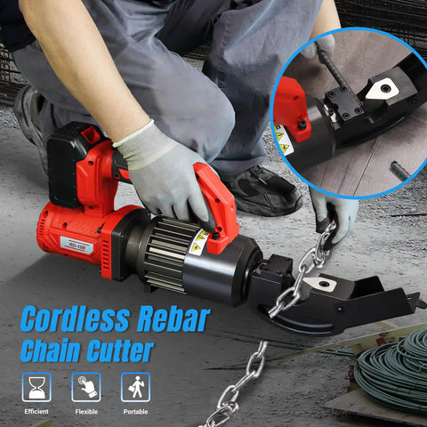 Loschen Cordless Rebar Chain Cutter Portable Electric Hydraulic Tool For Cutting Metal Chains Locks And Steel Cables Up To 10mm with a worker using it on-site.