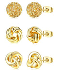 3 Pairs Of 14K Gold Plated Love Knot Earrings For Women Hypoallergenic Small Studs Woven Ball Post Earrings For Sensitive Ears Everyday Chic Minimalist Jewelry, 3 styles