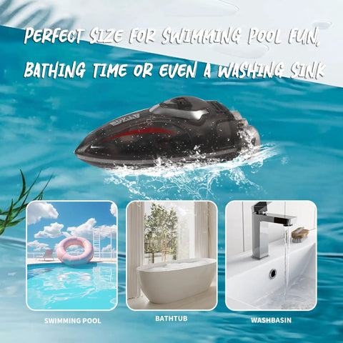Mini Remote Control Boat 360 Degree Rotating RC Boat With 2 4 GHz Operation displayed near pool, bathtub, and sink.
