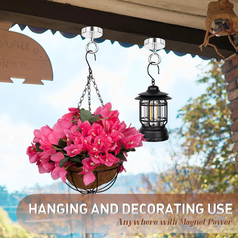 Two 2-inch neodymium magnets with lifting eye bolts; chrome finish used to hang a planter basket and lantern.