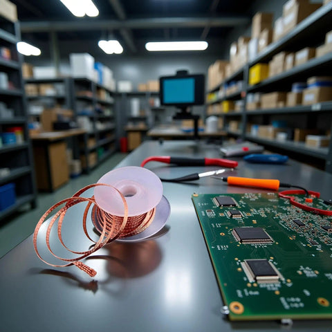 Desoldering Solder Wick Braid 2.0mm Width, 1.5m Length, shown next to circuit board for precise solder removal in workshop setting.