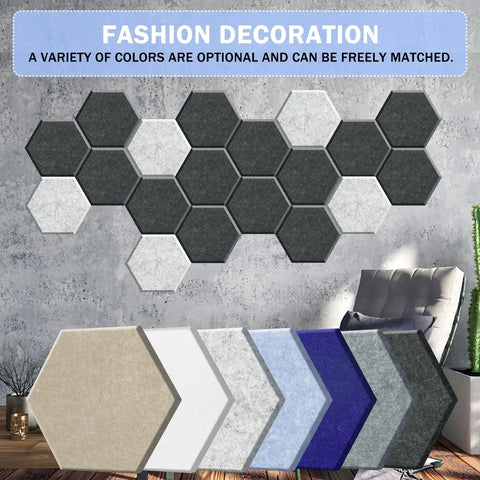 Twelve Pack Hexagonal Acoustic Panels Peel Stick Sound Dampening Foam Tiles arranged on a wall, showcasing various colors for home studio decor.
