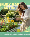 Woman watering flowers in Oval Galvanized Raised Garden Bed Set 3 Pack 6x3x1ft Metal Garden Beds Planter Boxes Outdoor Durable Raised Beds for Vegetables and Flowers Easy Access From All Sides Silver